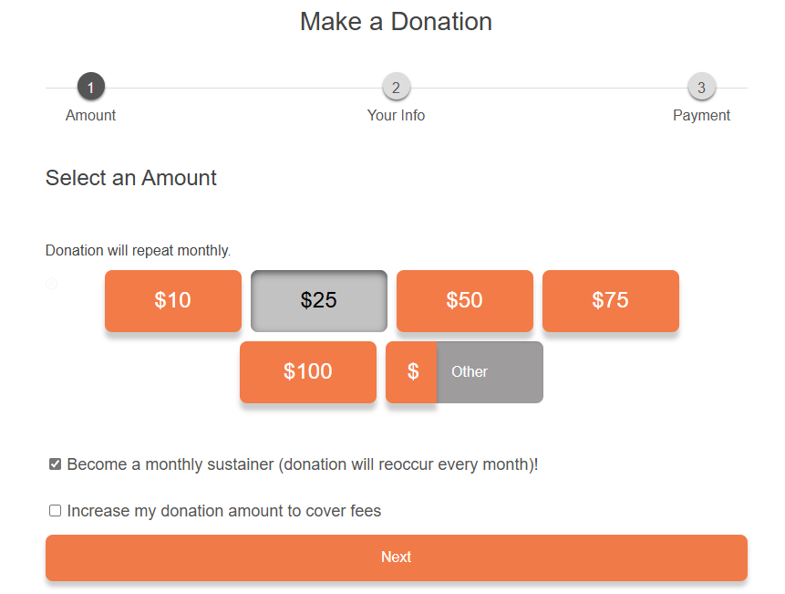 image shows screenshot of website giving different donation amounts